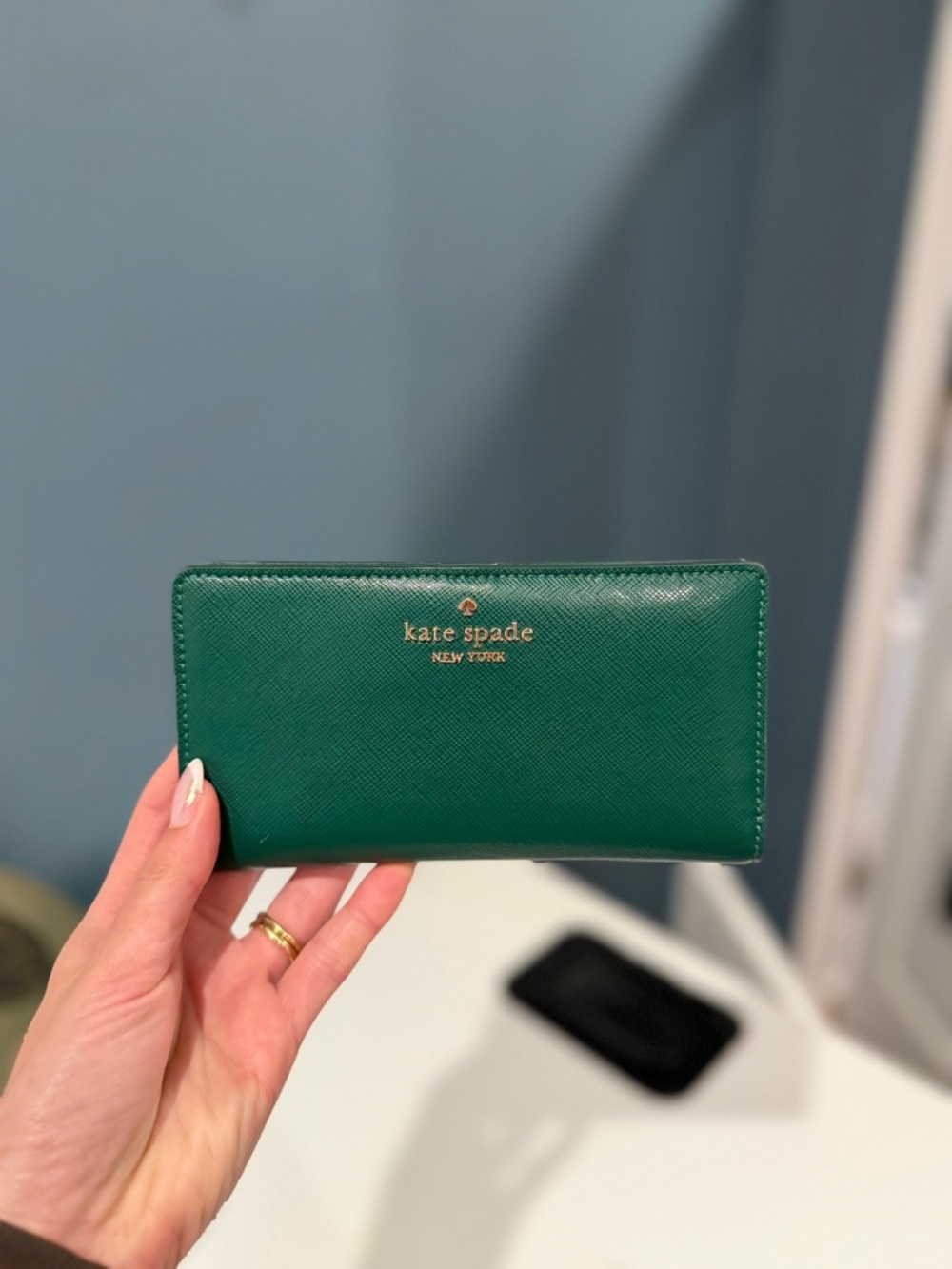 kate spade Green Saffiano Continental Wallet with Gold Logo